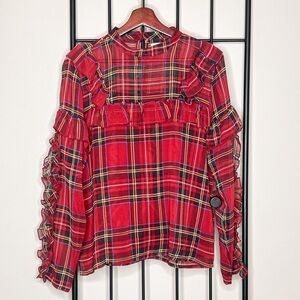 Mudpie Tartan Plaid Sheer Ruffle Chiffon Blouse Sz M